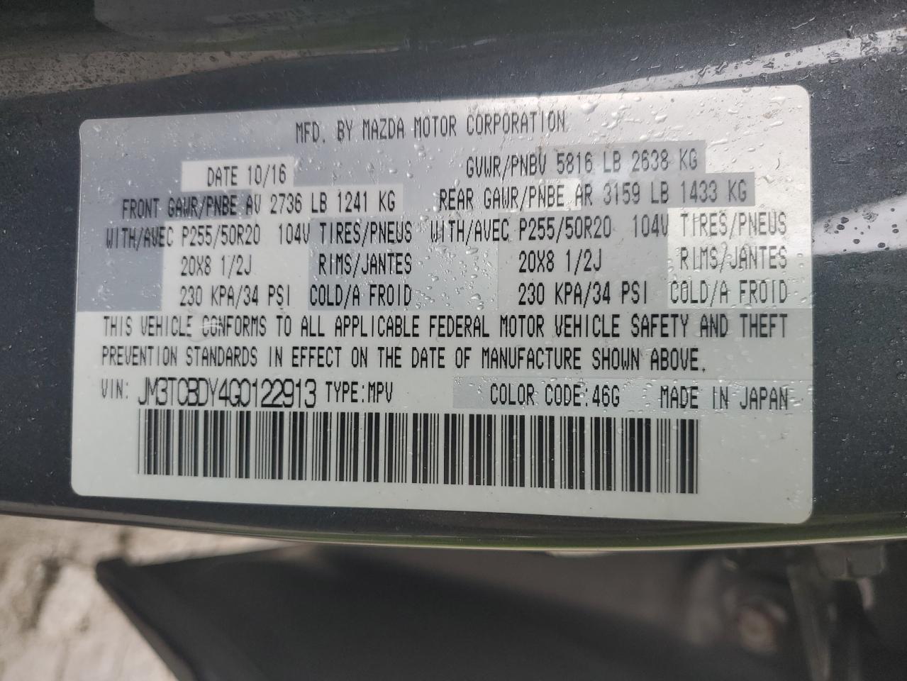 2016 Mazda Cx-9 Grand Touring VIN: JM3TCBDY4G0122913 Lot: 82126395