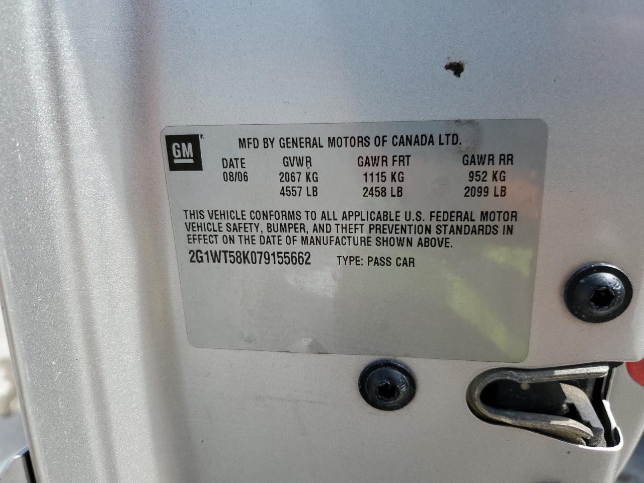 2007 Chevrolet Impala Lt VIN: 2G1WT58K079155662 Lot: 72075765