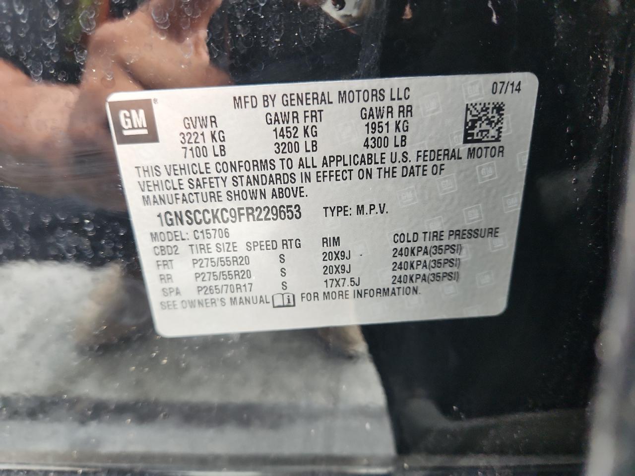 2015 Chevrolet Tahoe C1500 Ltz VIN: 1GNSCCKC9FR229653 Lot: 83984825