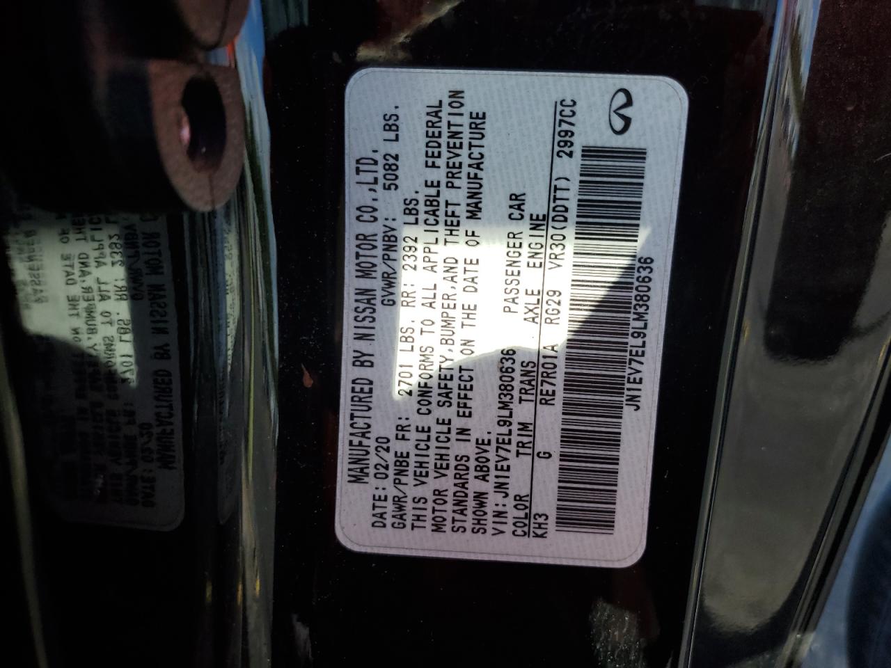 2020 Infiniti Q60 Pure VIN: JN1EV7EL9LM380636 Lot: 81834565