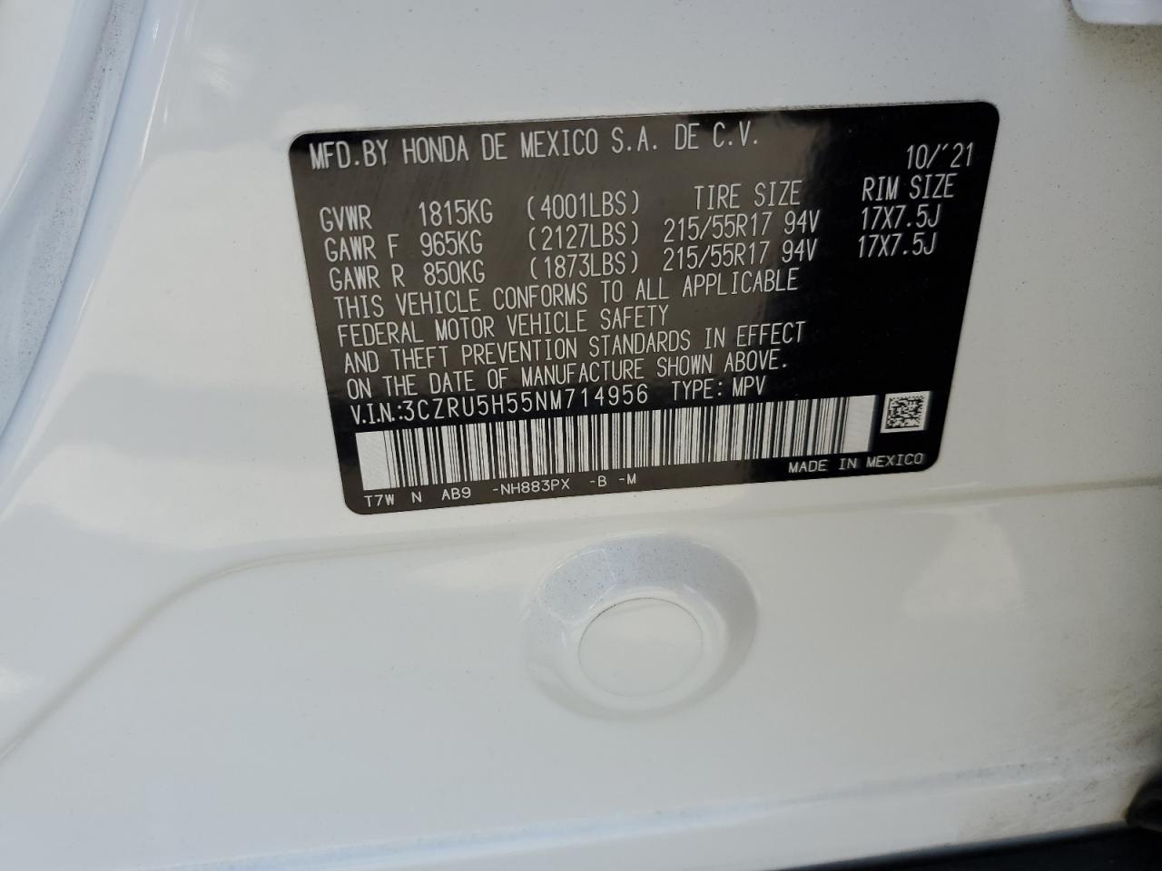 2022 Honda Hr-V Ex VIN: 3CZRU5H55NM714956 Lot: 84199375