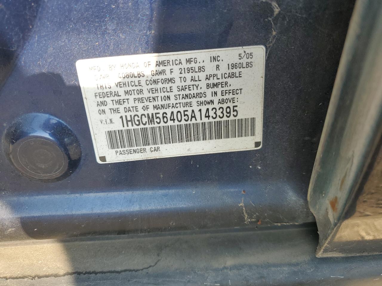 2005 Honda Accord Lx VIN: 1HGCM56405A143395 Lot: 71094385