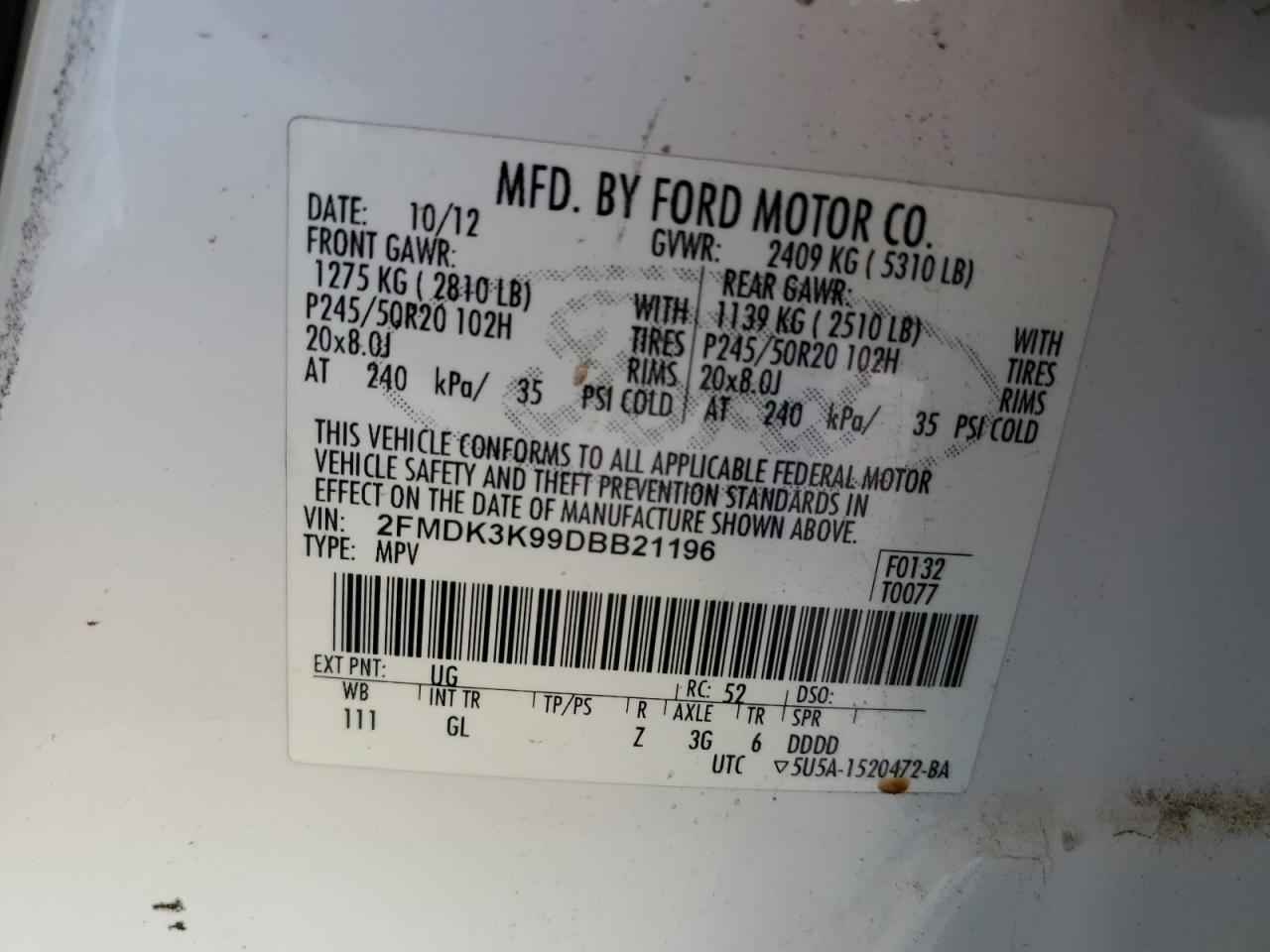 2013 Ford Edge Limited VIN: 2FMDK3K99DBB21196 Lot: 80656025