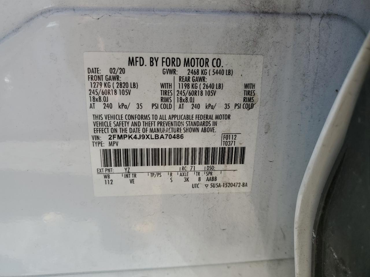 2020 Ford Edge Sel VIN: 2FMPK4J9XLBA70486 Lot: 71068215