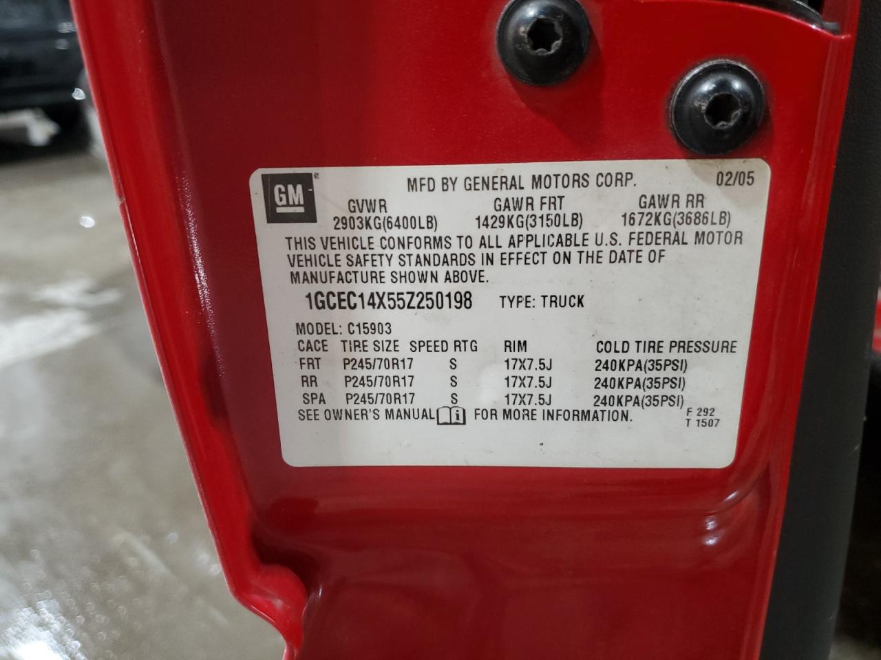 2005 Chevrolet Silverado C1500 VIN: 1GCEC14X55Z250198 Lot: 72009525