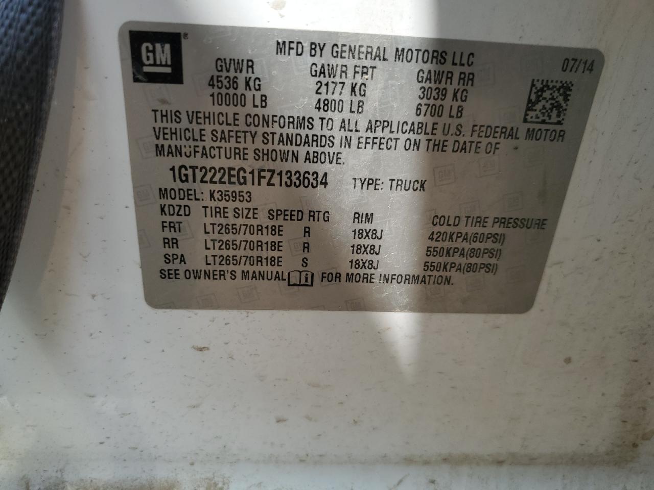 2015 GMC Sierra K3500 Sle VIN: 1GT222EG1FZ133634 Lot: 71729135