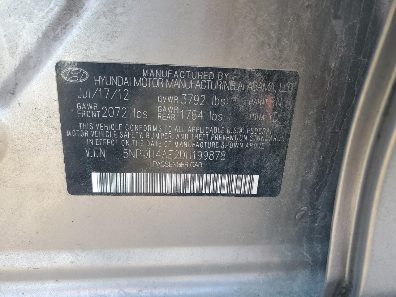 2013 Hyundai Elantra Gls VIN: 5NPDH4AE2DH199878 Lot: 82063035