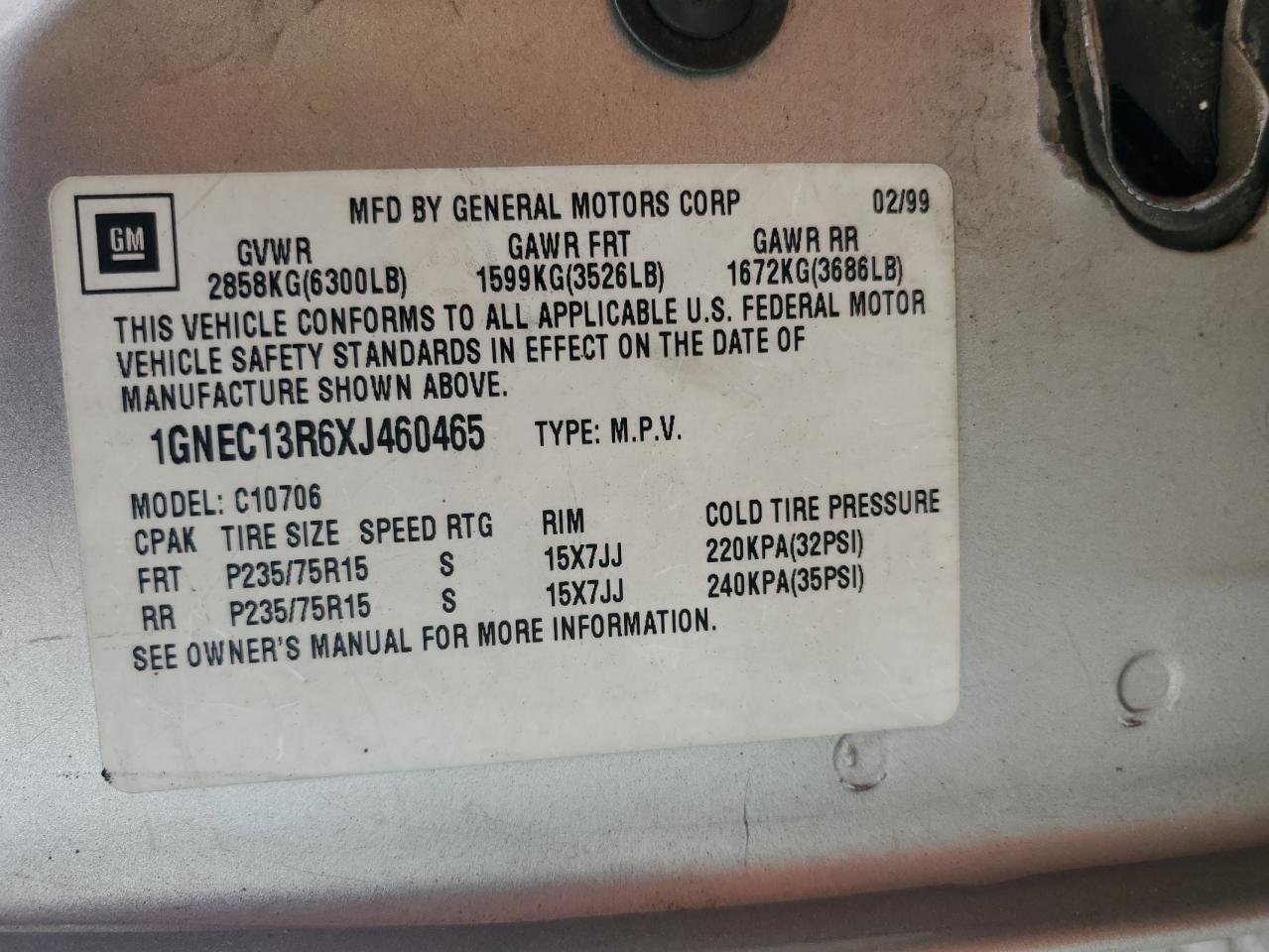 1999 Chevrolet Tahoe C1500 VIN: 1GNEC13R6XJ460465 Lot: 81514515