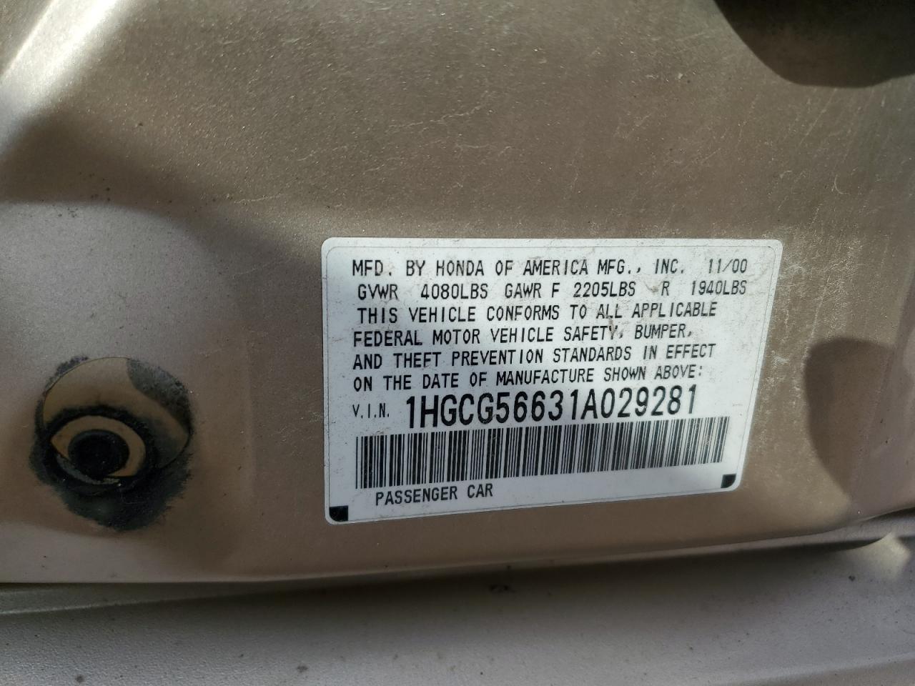 2001 Honda Accord Ex VIN: 1HGCG56631A029281 Lot: 71272945