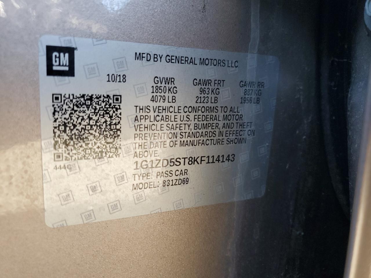 2019 Chevrolet Malibu Lt VIN: 1G1ZD5ST8KF114143 Lot: 83857095