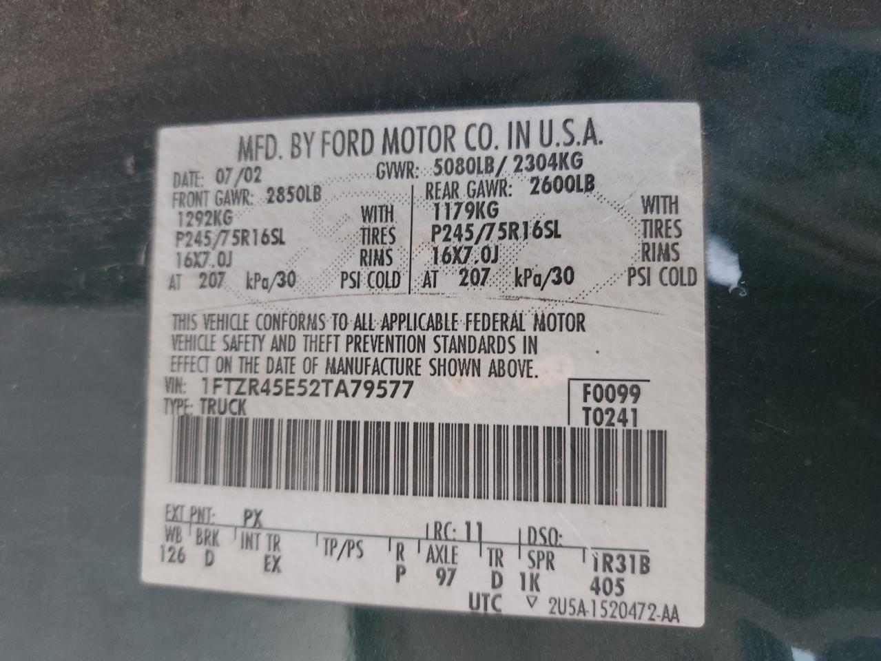 2002 Ford Ranger Super Cab VIN: 1FTZR45E52TA79577 Lot: 71538415