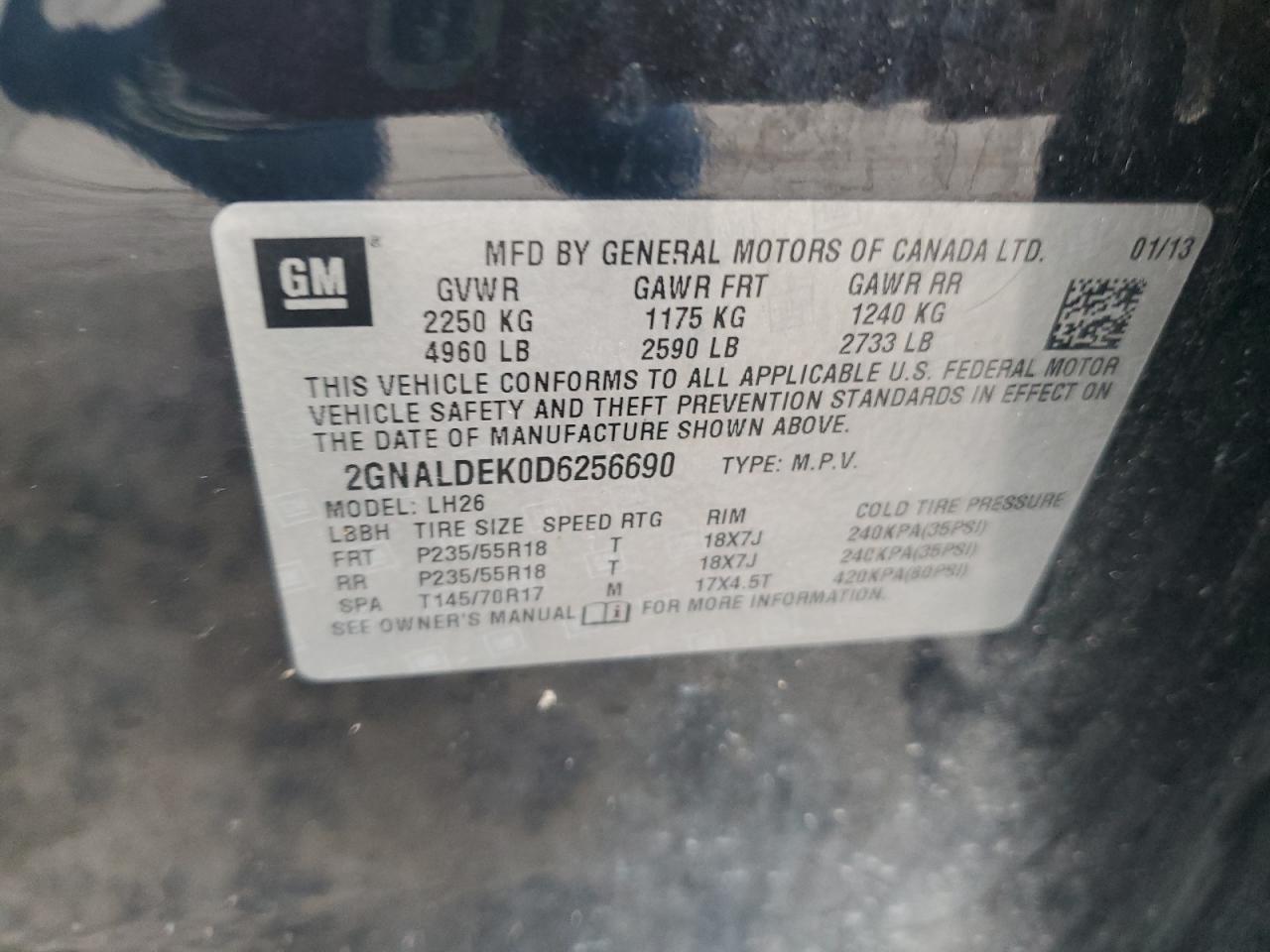 2013 Chevrolet Equinox Lt VIN: 2GNALDEK0D6256690 Lot: 81555005