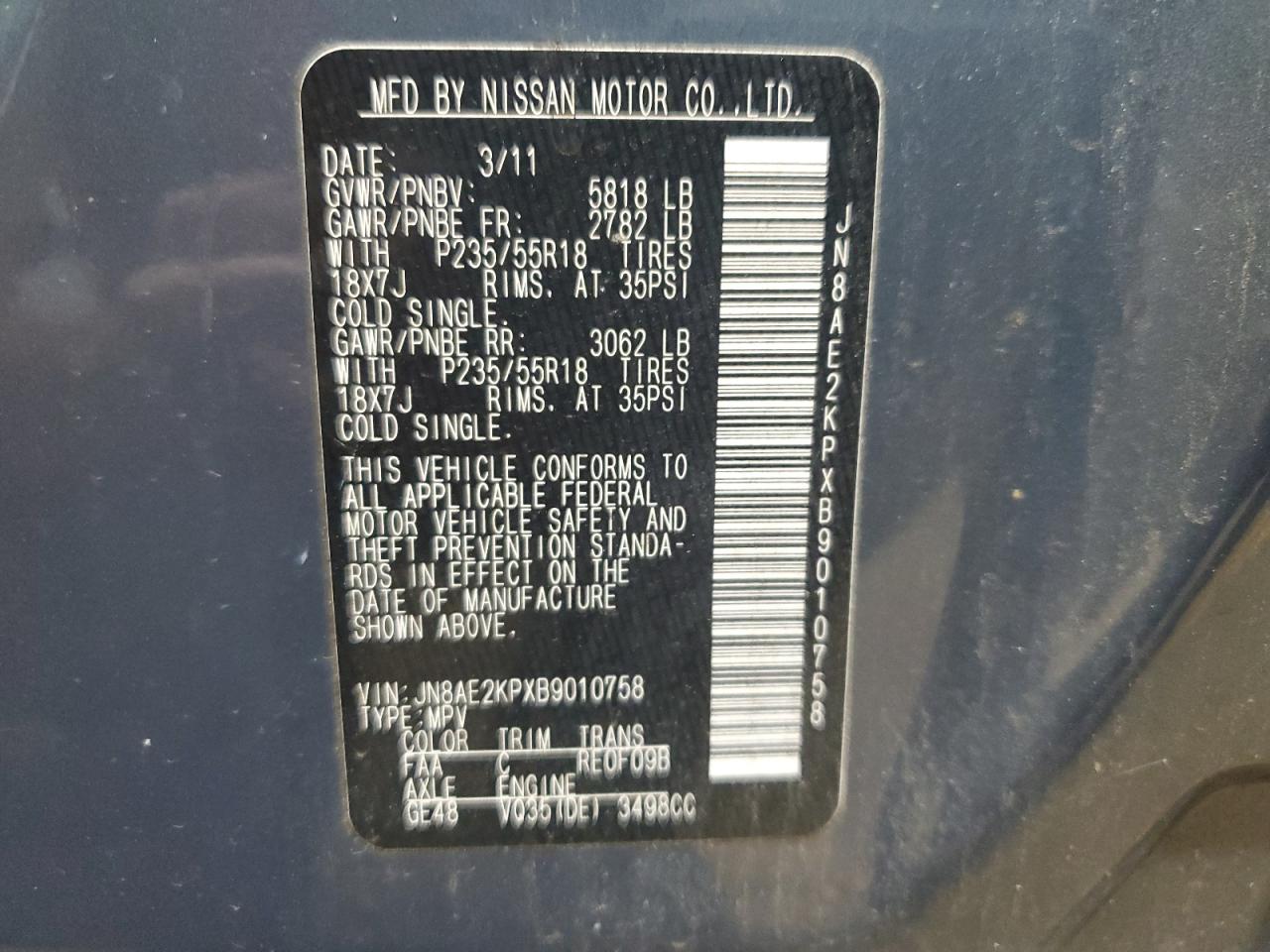 2011 Nissan Quest S VIN: JN8AE2KPXB9010758 Lot: 81907325