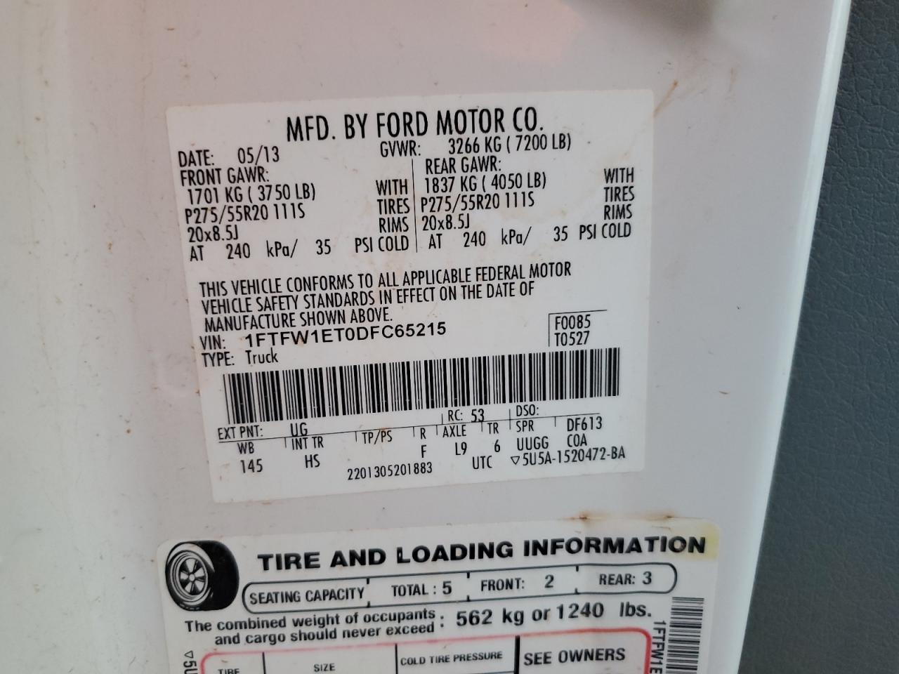 2013 Ford F150 Supercrew VIN: 1FTFW1ET0DFC65215 Lot: 71891215