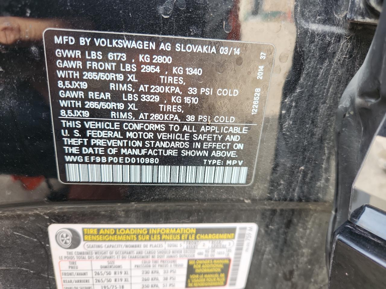 2014 Volkswagen Touareg V6 VIN: WVGEF9BP0ED010980 Lot: 71523235