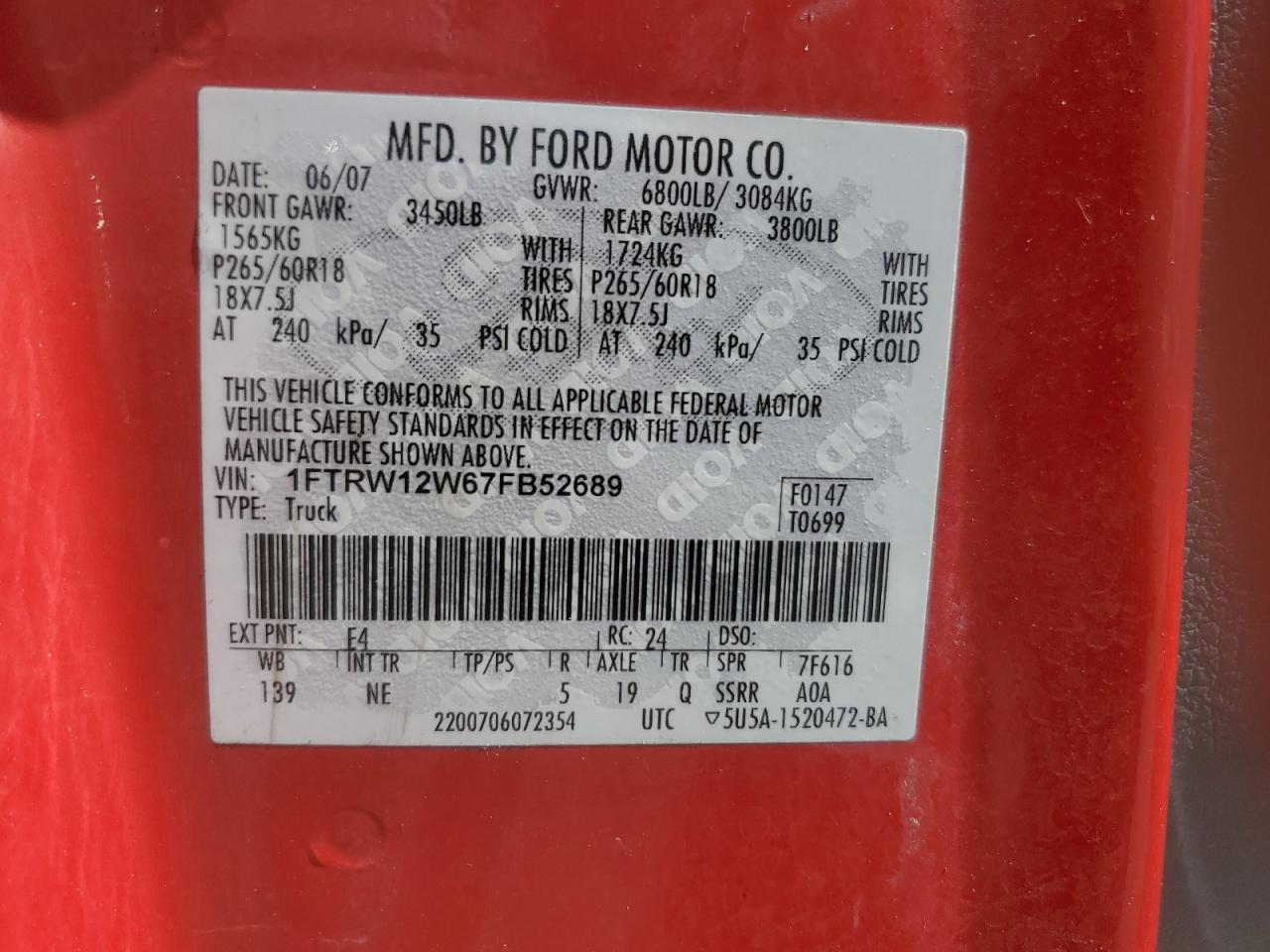 2007 Ford F150 Supercrew VIN: 1FTRW12W67FB52689 Lot: 84210635