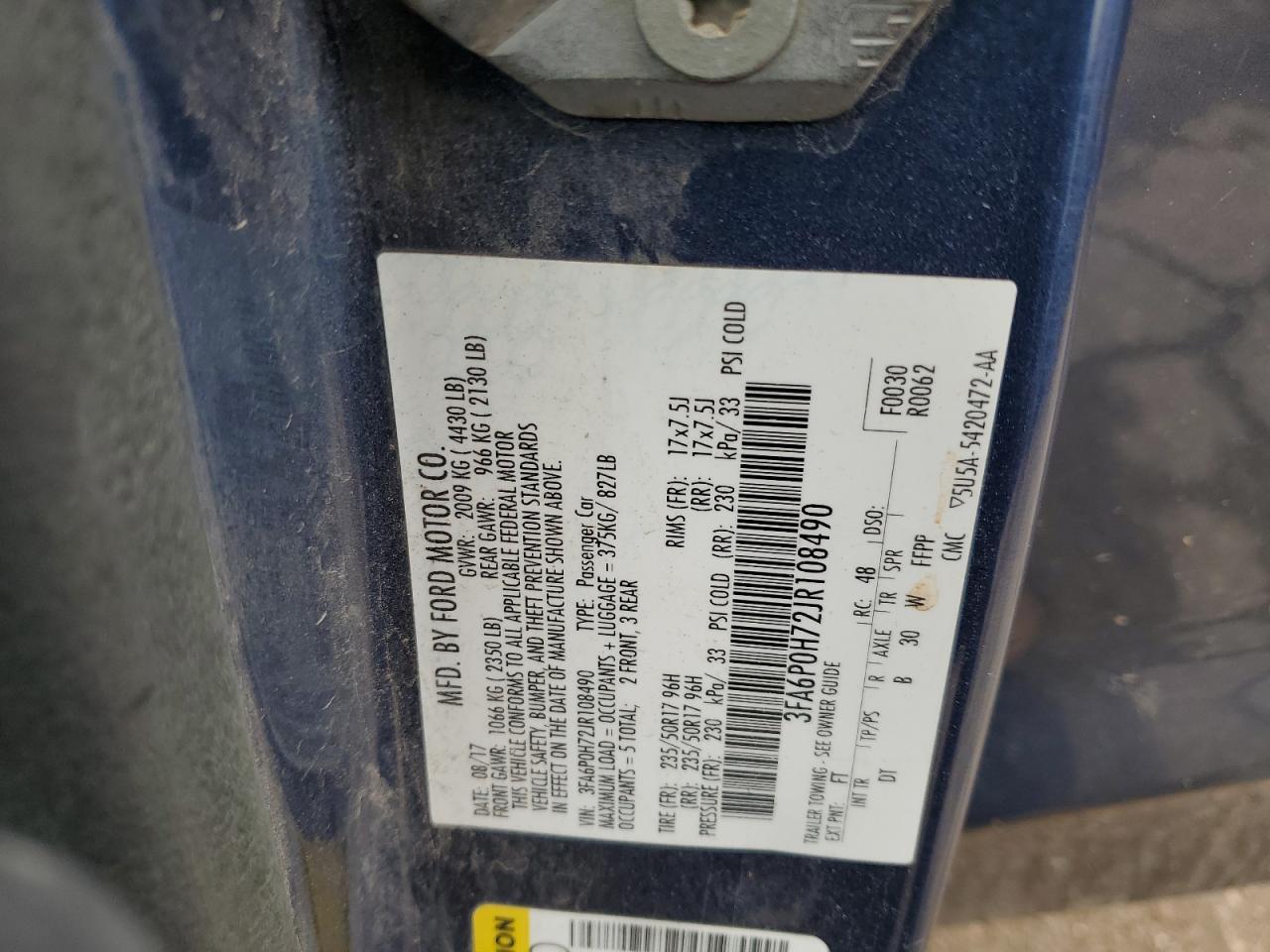 2018 Ford Fusion Se VIN: 3FA6P0H72JR108490 Lot: 71737995