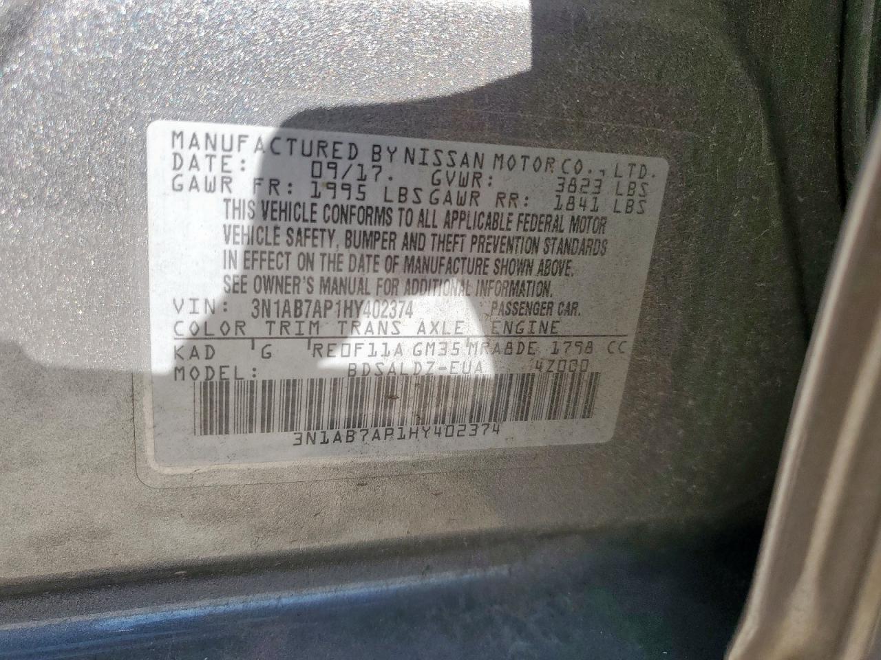 2017 Nissan Sentra S VIN: 3N1AB7AP1HY402374 Lot: 84801255