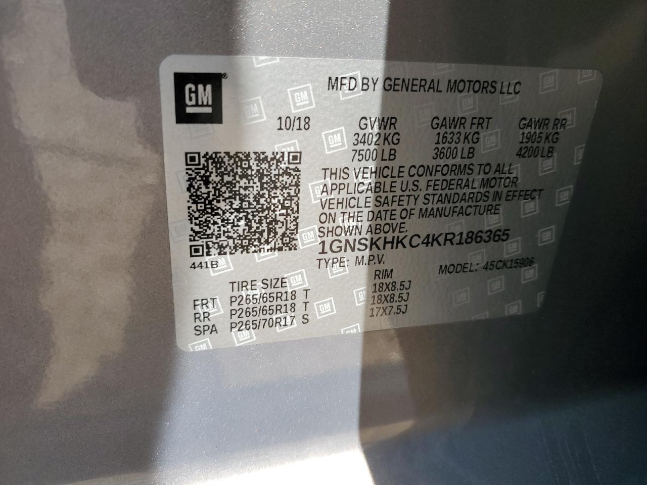 2019 Chevrolet Suburban K1500 Lt VIN: 1GNSKHKC4KR186365 Lot: 71640735