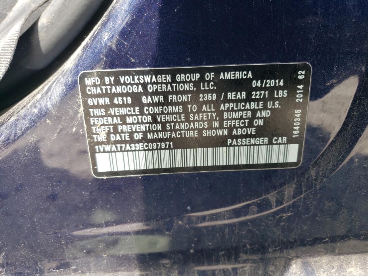 2014 Volkswagen Passat S VIN: 1VWAT7A33EC097971 Lot: 80173435