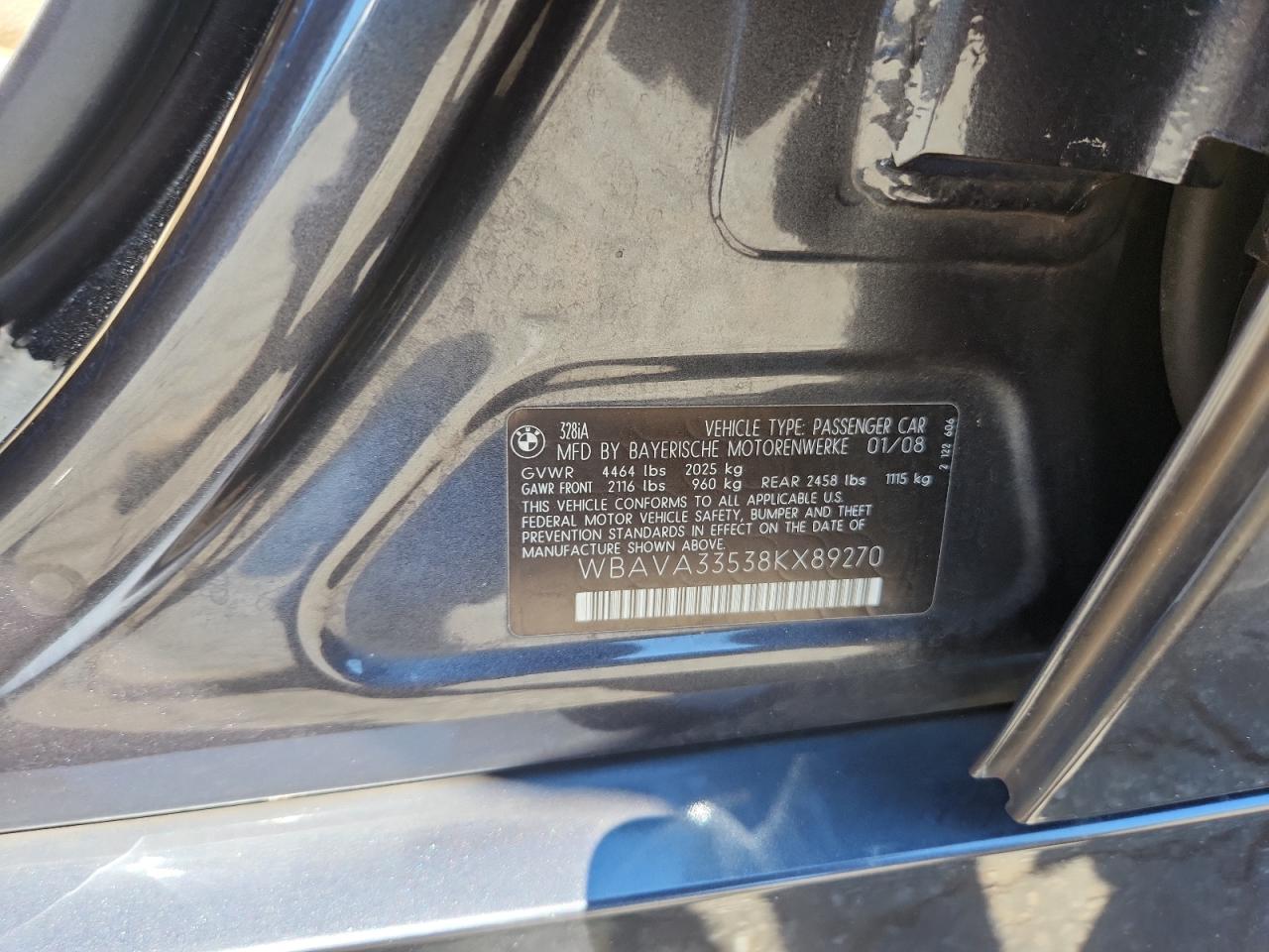 2008 BMW 328 I VIN: WBAVA33538KX89270 Lot: 71548215