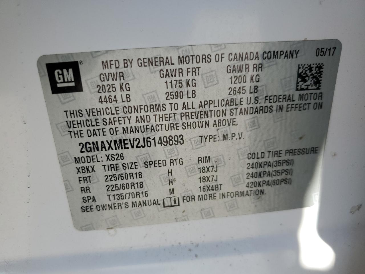 2018 Chevrolet Equinox Premier VIN: 2GNAXMEV2J6149893 Lot: 80751215