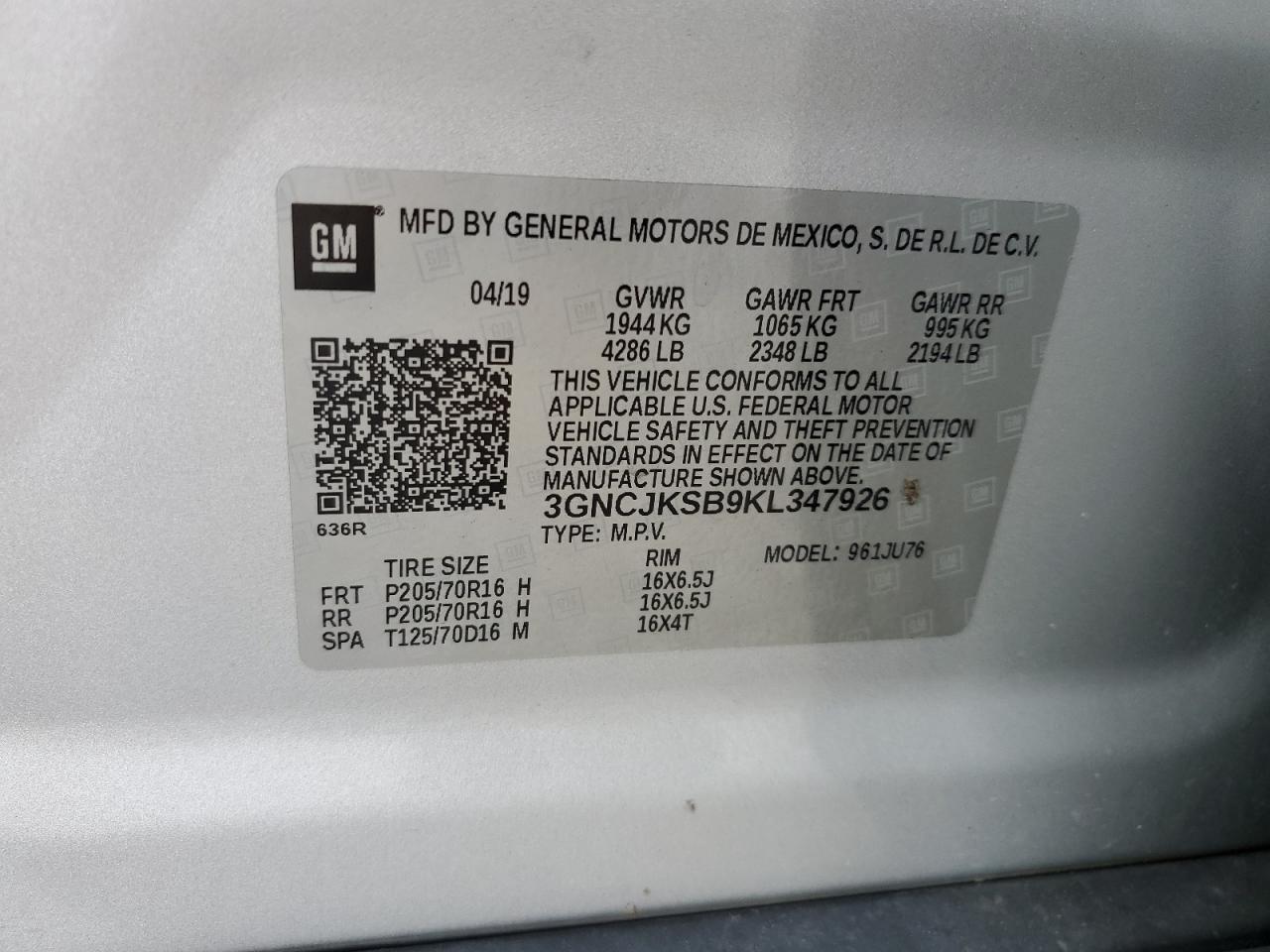 2019 Chevrolet Trax Ls VIN: 3GNCJKSB9KL347926 Lot: 85925055
