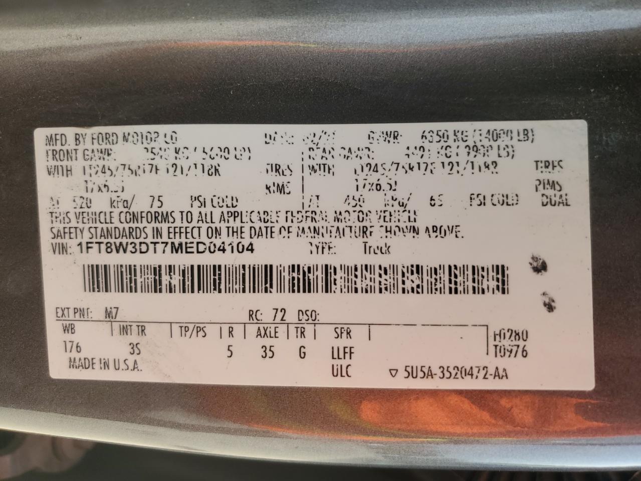 2021 Ford F350 Super Duty VIN: 1FT8W3DT7MED04104 Lot: 80562765