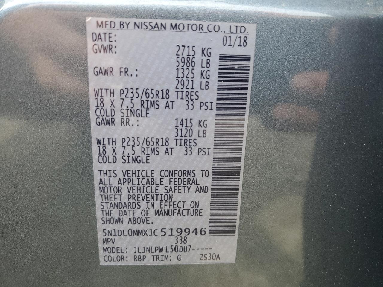 2018 Infiniti Qx60 VIN: 5N1DL0MMXJC519946 Lot: 72004505