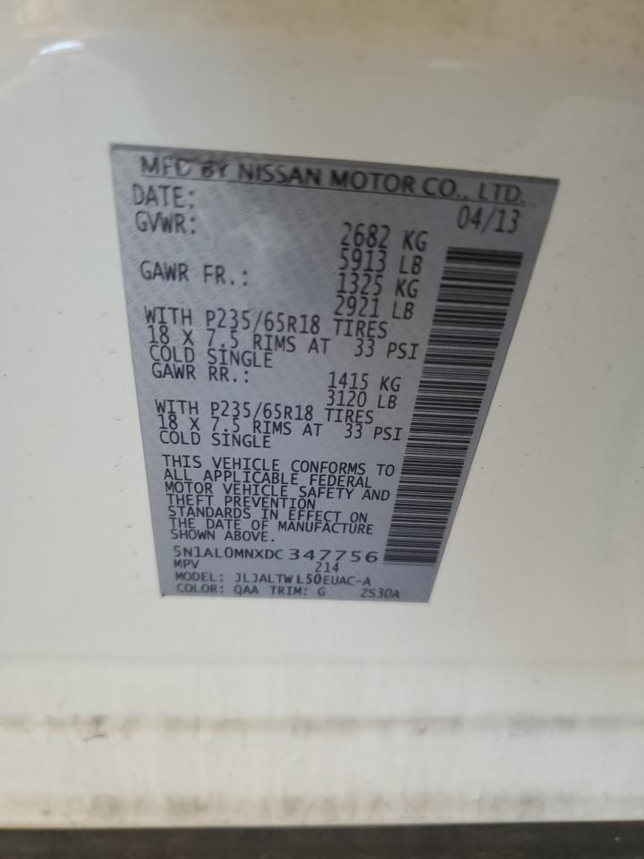 2013 Infiniti Jx35 VIN: 5N1AL0MNXDC347756 Lot: 71787645