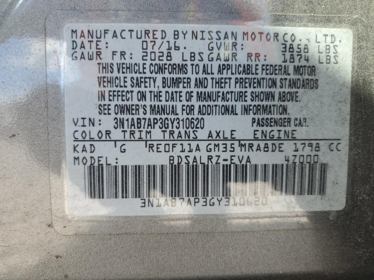 2016 Nissan Sentra S VIN: 3N1AB7AP3GY310620 Lot: 84452505