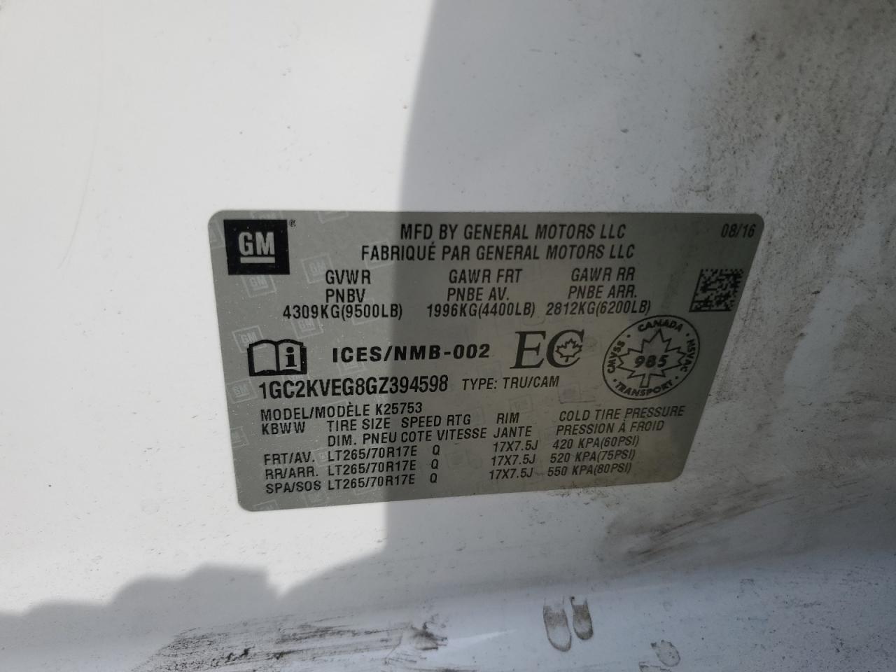 2016 Chevrolet Silverado K2500 Heavy Duty Lt VIN: 1GC2KVEG8GZ394598 Lot: 81324965