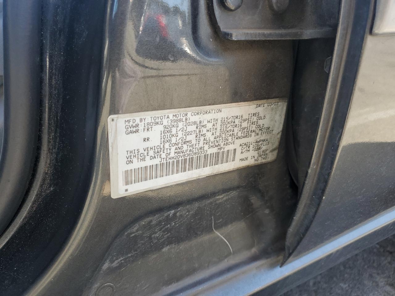 2003 Toyota Rav4 VIN: JTEHH20V836089333 Lot: 81724065