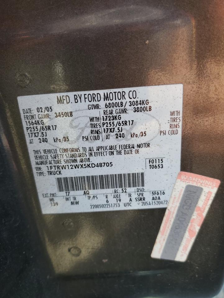 2005 Ford F150 Supercrew VIN: 1FTRW12WX5KD48705 Lot: 82172765