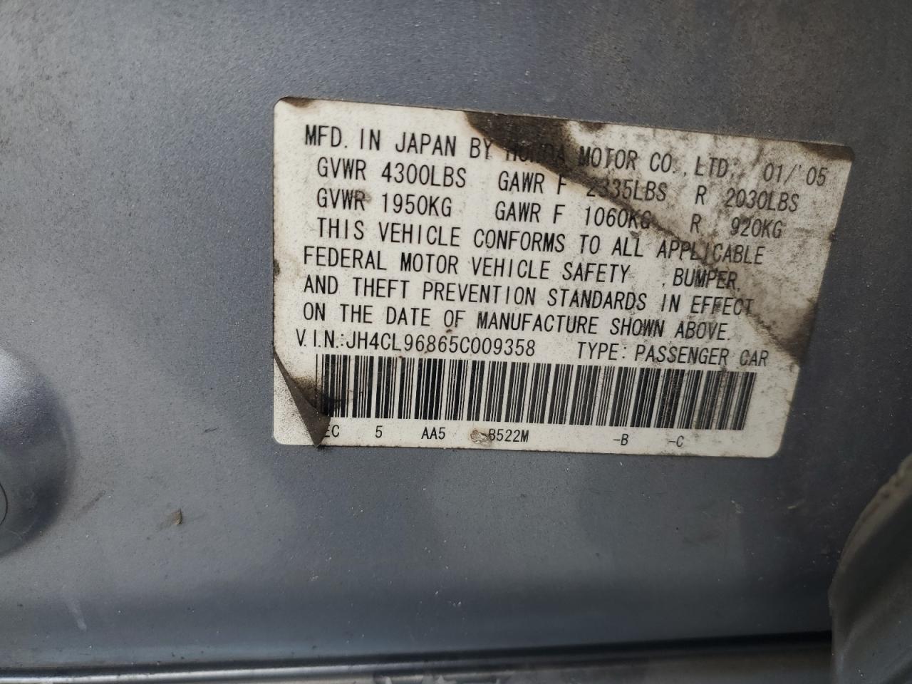2005 Acura Tsx VIN: JH4CL96865C009358 Lot: 84368945