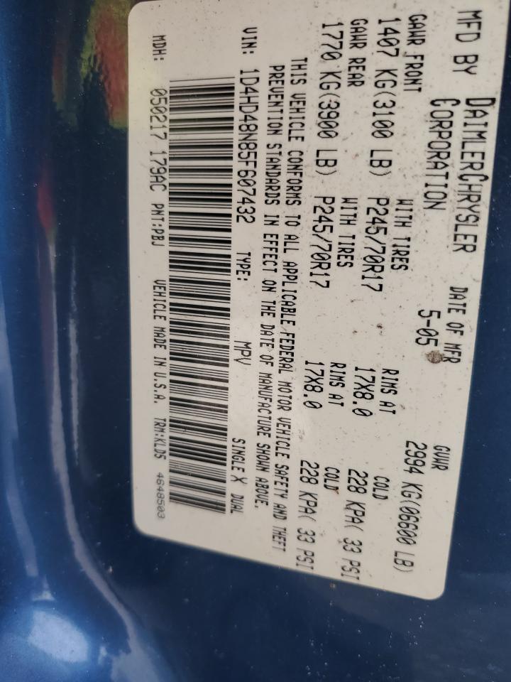 2005 Dodge Durango Slt VIN: 1D4HD48N85F607432 Lot: 80495925