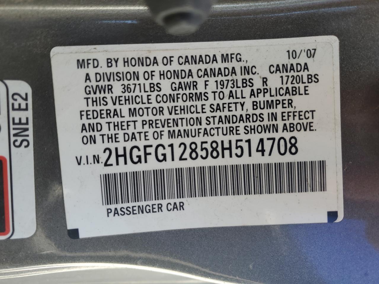 2008 Honda Civic Ex VIN: 2HGFG12858H514708 Lot: 81263875