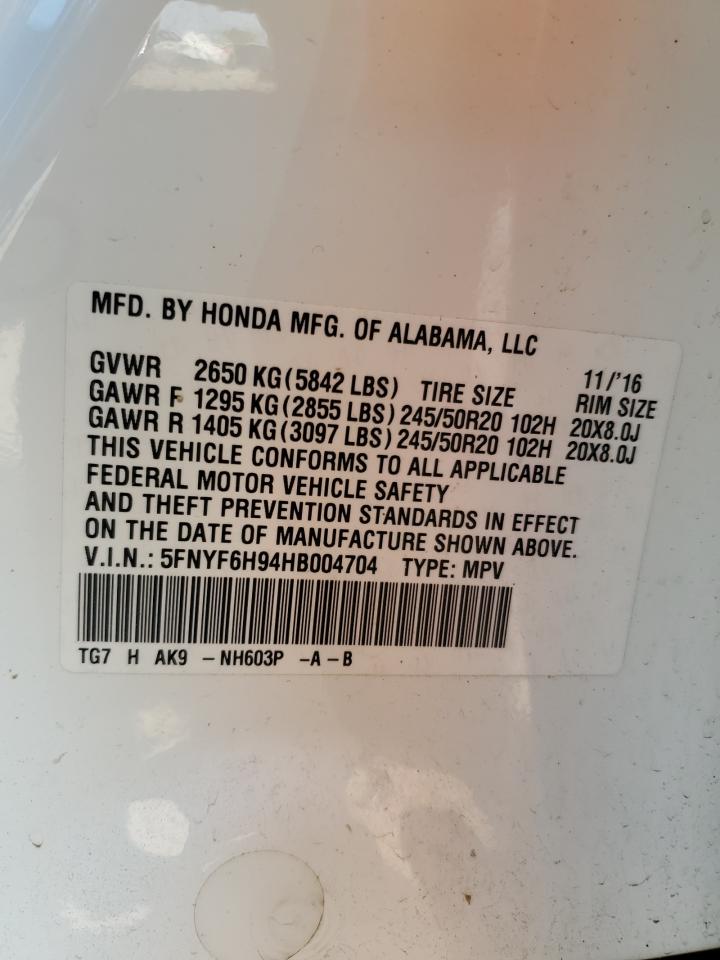 2017 Honda Pilot Touring VIN: 5FNYF6H94HB004704 Lot: 80646605