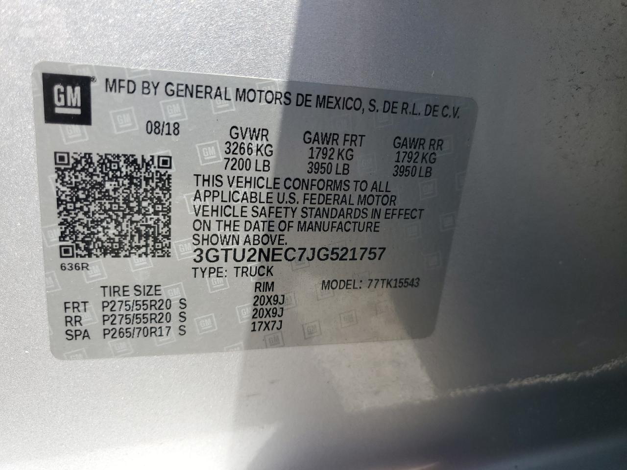 2018 GMC Sierra K1500 Slt VIN: 3GTU2NEC7JG521757 Lot: 81187765