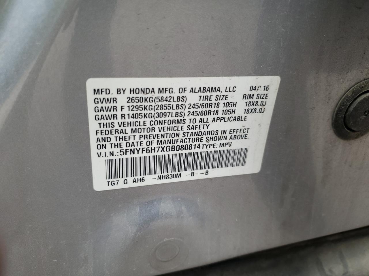 2016 Honda Pilot Exln VIN: 5FNYF6H7XGB080814 Lot: 80016585