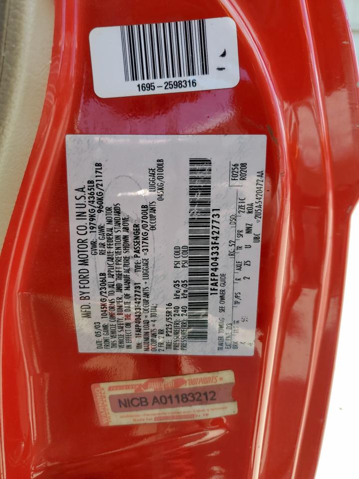 2003 Ford Mustang VIN: 1FAFP40433F427731 Lot: 80381345