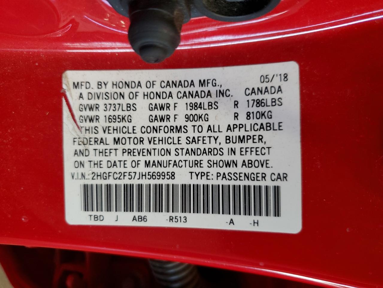 2018 Honda Civic Lx VIN: 2HGFC2F57JH569958 Lot: 80102615