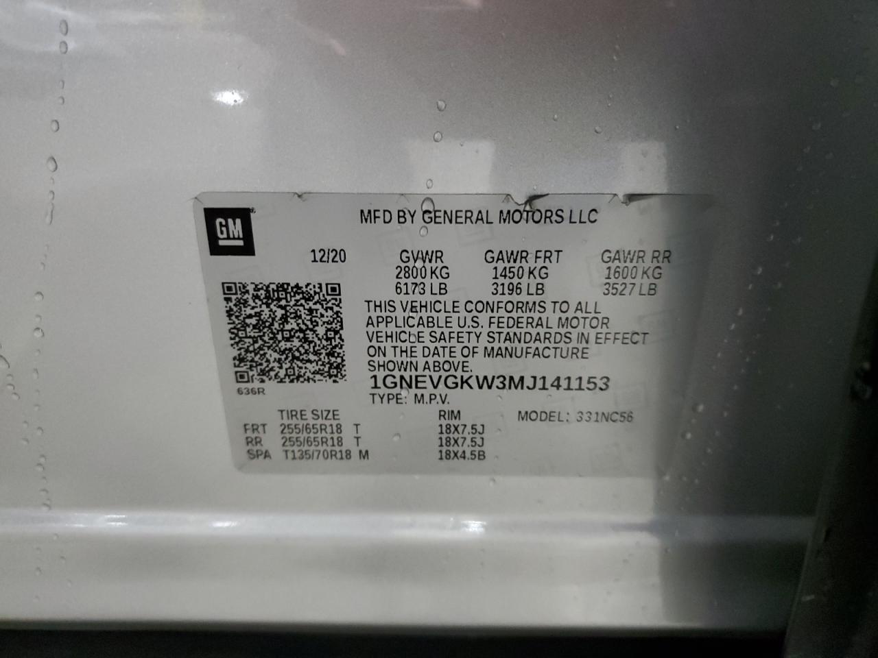 2021 Chevrolet Traverse Lt VIN: 1GNEVGKW3MJ141153 Lot: 83845325