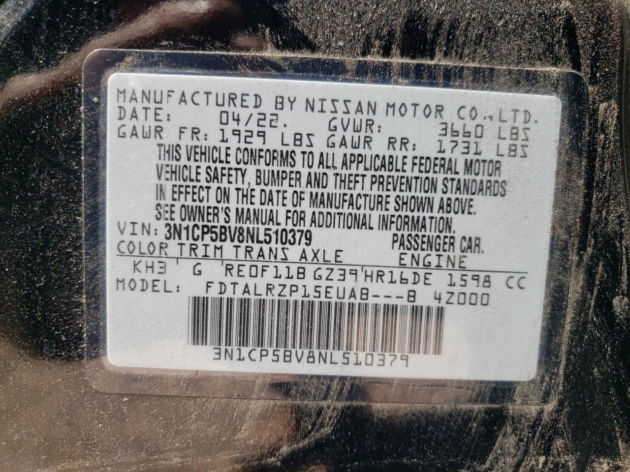 2022 Nissan Kicks S VIN: 3N1CP5BV8NL510379 Lot: 80101965