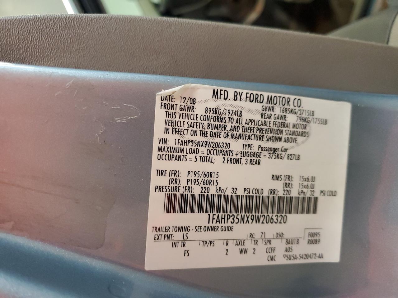 2009 Ford Focus Se VIN: 1FAHP35NX9W206320 Lot: 84769125