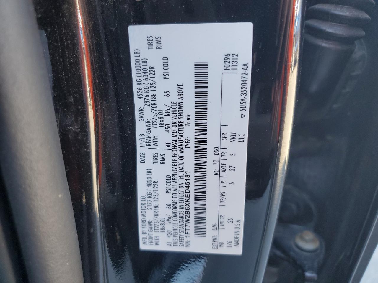 2019 Ford F250 Super Duty VIN: 1FT7W2B6XKED45181 Lot: 81765165