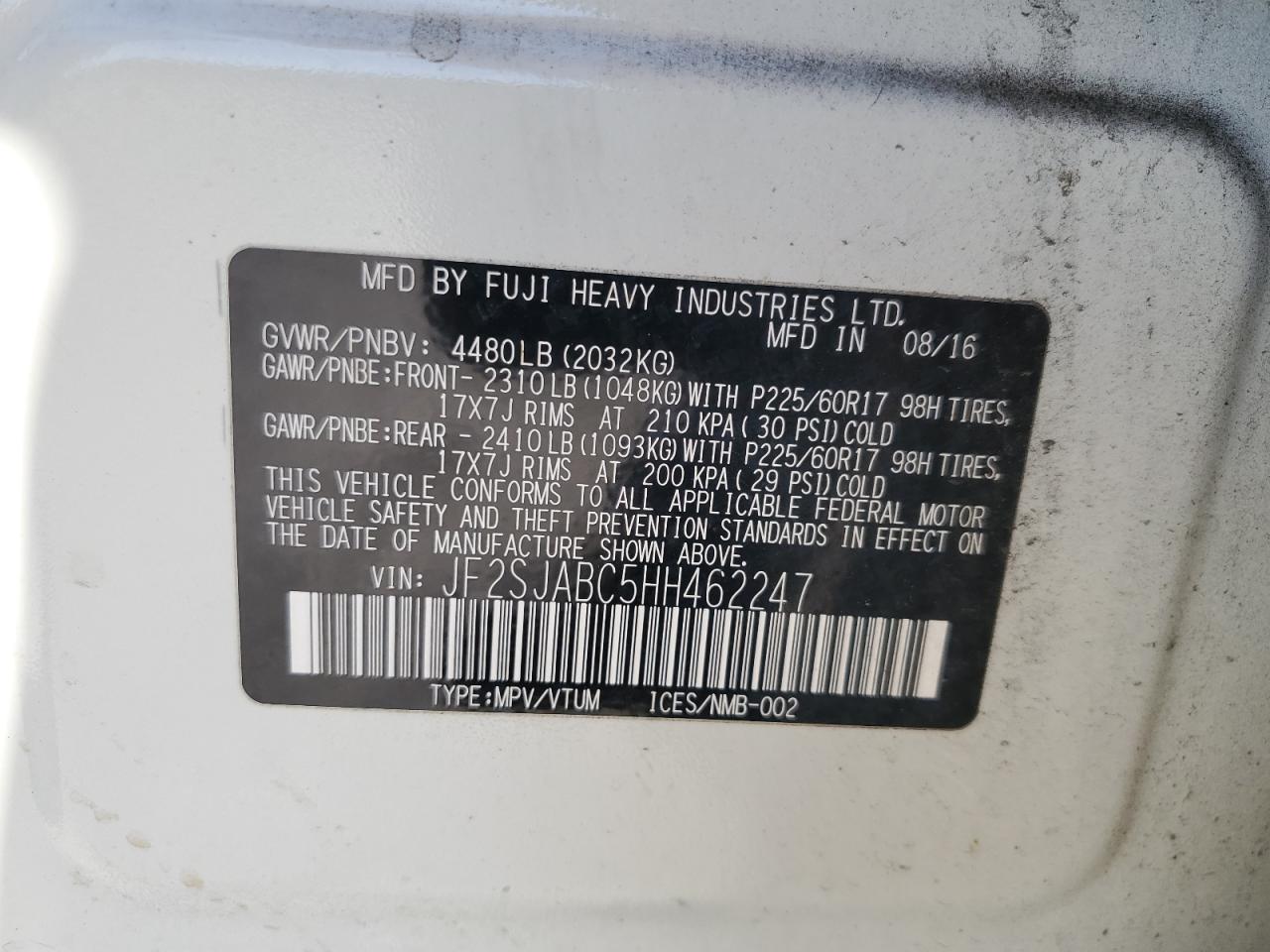 2017 Subaru Forester 2.5I VIN: JF2SJABC5HH462247 Lot: 70718975