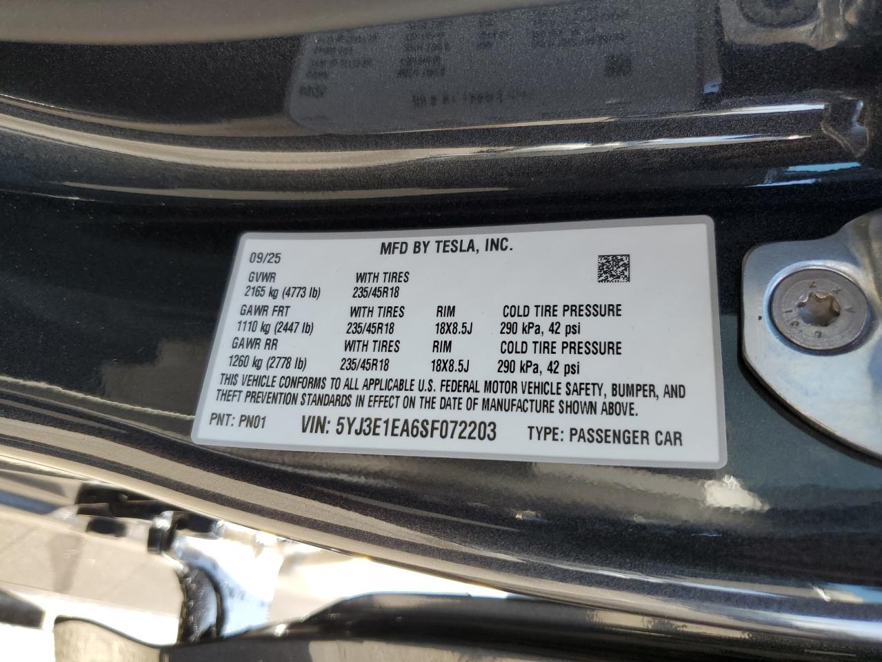 2025 Tesla Model 3 VIN: 5YJ3E1EA6SF072203 Lot: 82088665