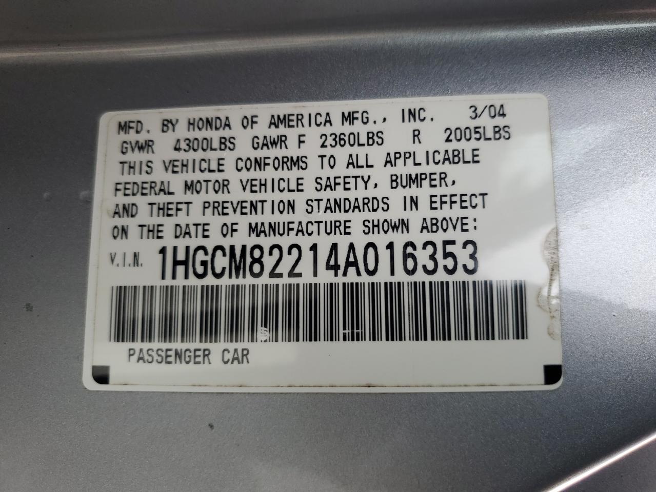 2004 Honda Accord Lx VIN: 1HGCM82214A016353 Lot: 80197115