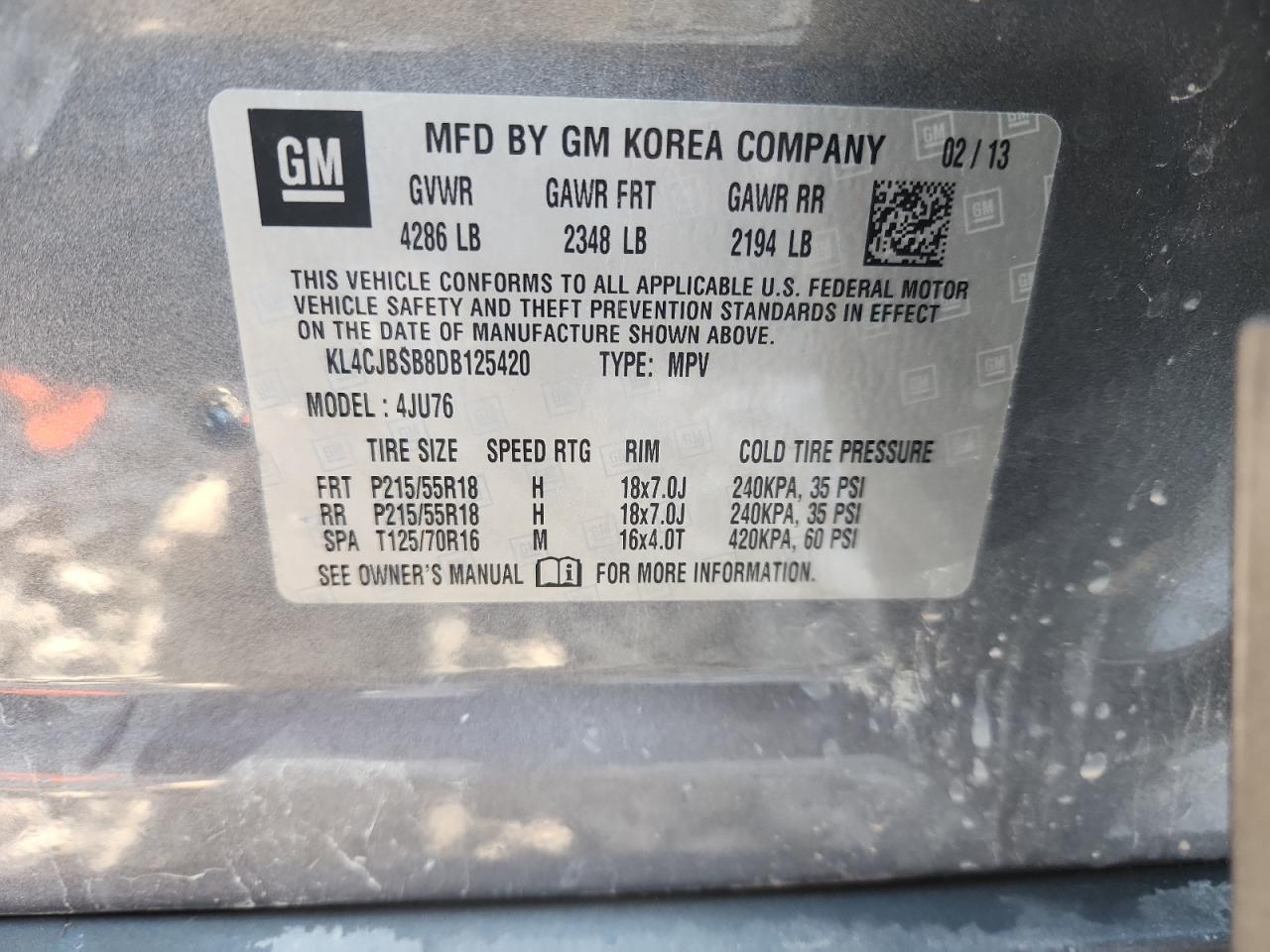 2013 Buick Encore Convenience VIN: KL4CJBSB8DB125420 Lot: 71684195